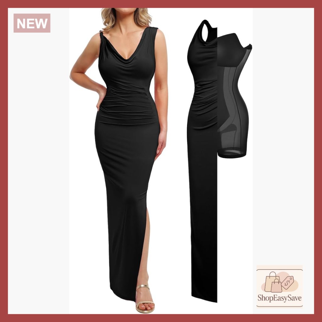 Elegant Formal Maxi Dress Shapewear Bodycon Cowl Neck Ruched Waist Slit